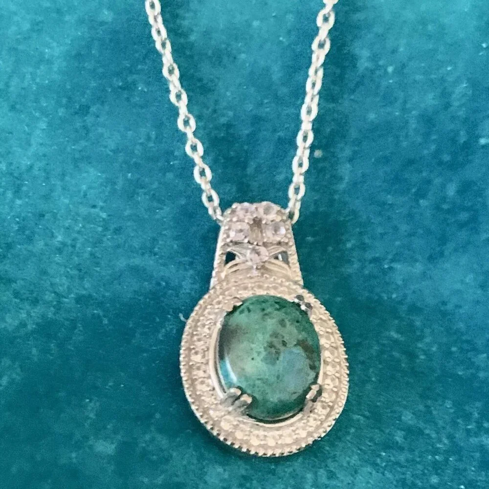 Sterling silver pendant necklace - Green stone - Malachite possibly 19 in chain - Picture 4 of 4